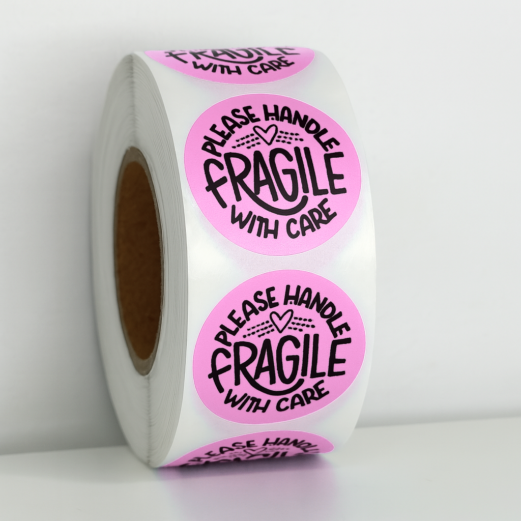 Pink Please Handle Fragile With Care round sticker roll 1.10 inch