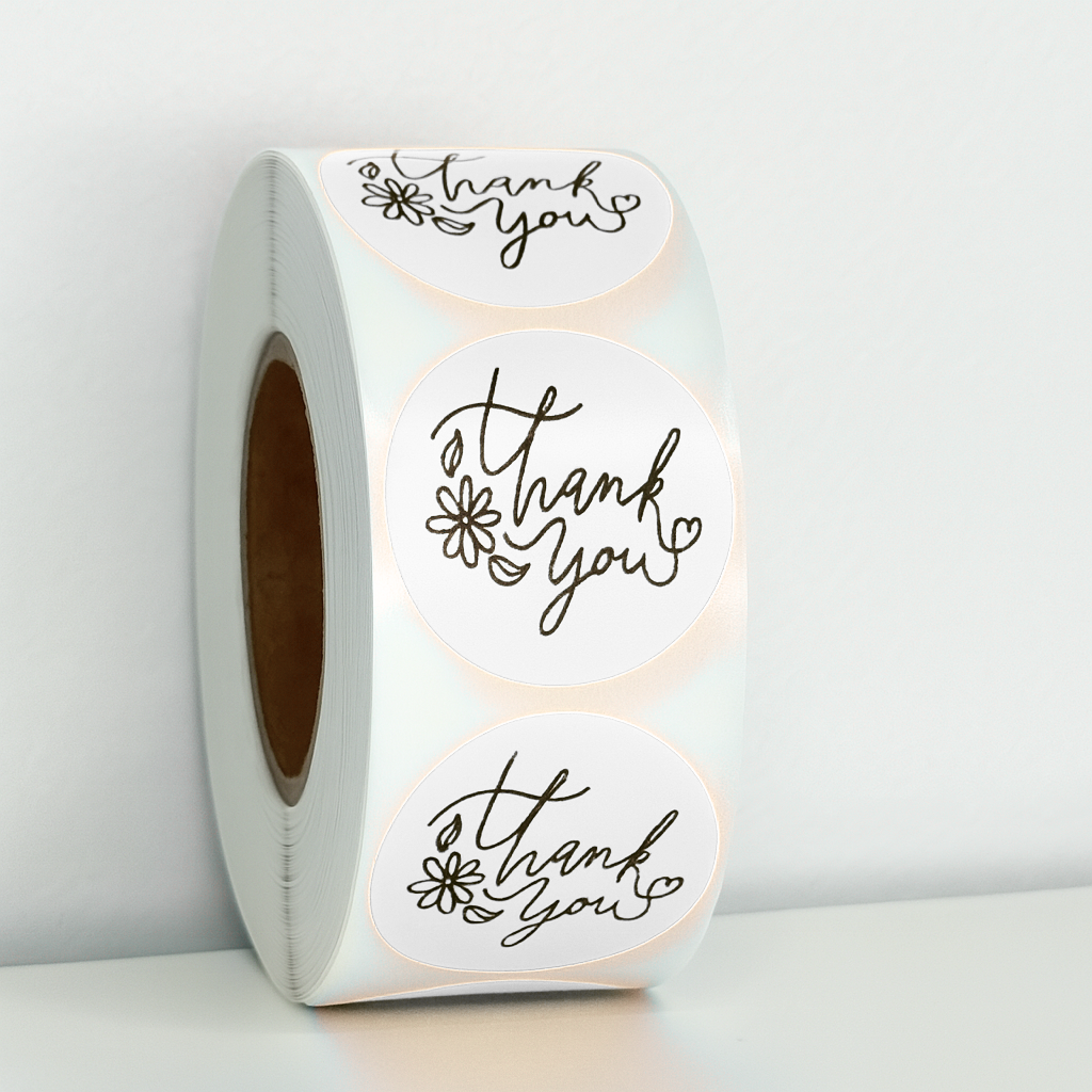 Thank You Floral Round Sticker Roll 1.1 Inch | 500 Yellow Labels