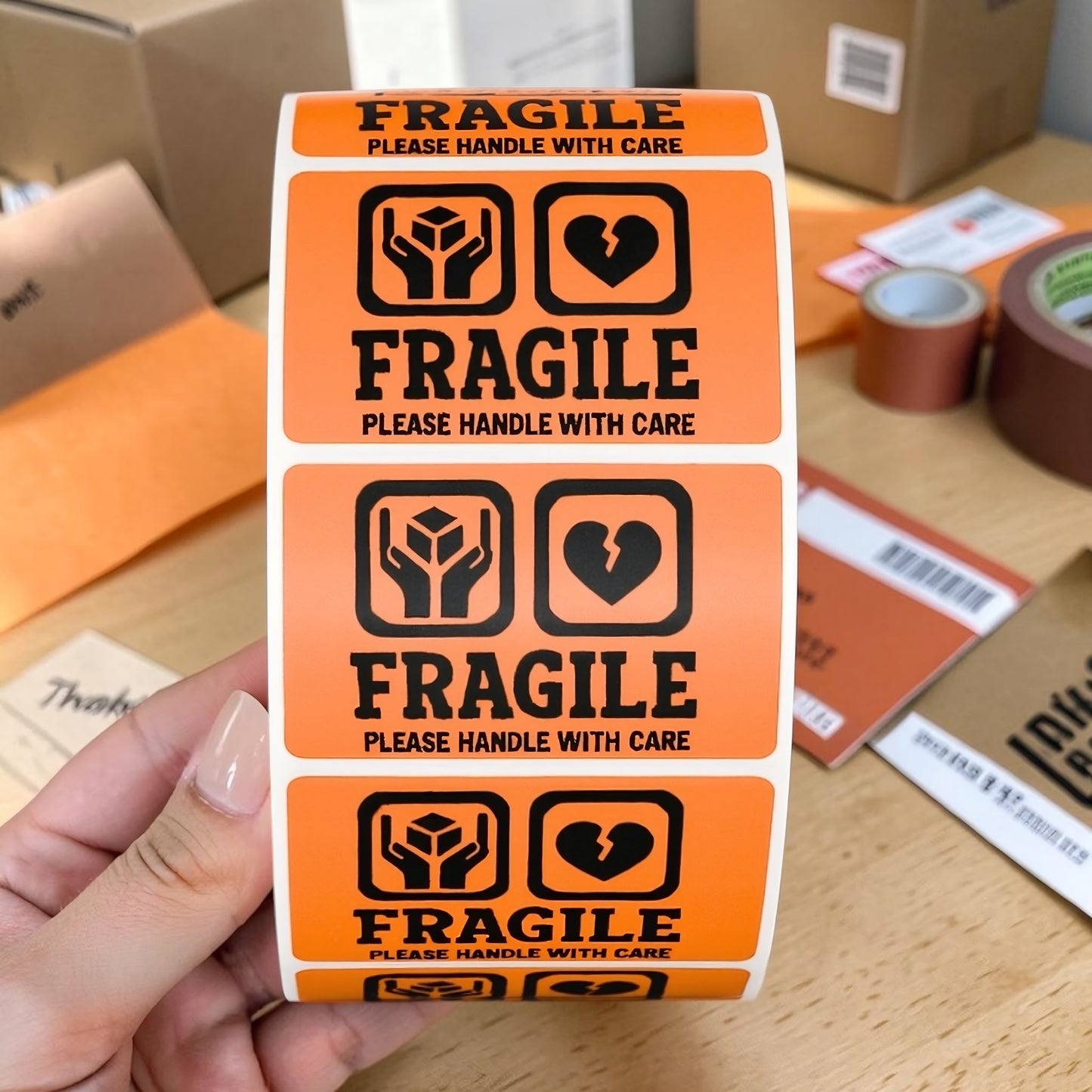 "Fragile Please Handle With Care" Sticker Roll – Orange with Icons
