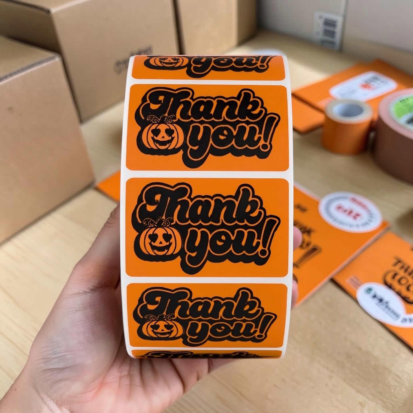 Halloween Thank You Sticker Roll – Pumpkin Design | 100–500 Stickers