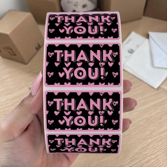 "Thank You!" Sticker Roll – Bold Purple & Black Design with Hearts for Small Business Sellers