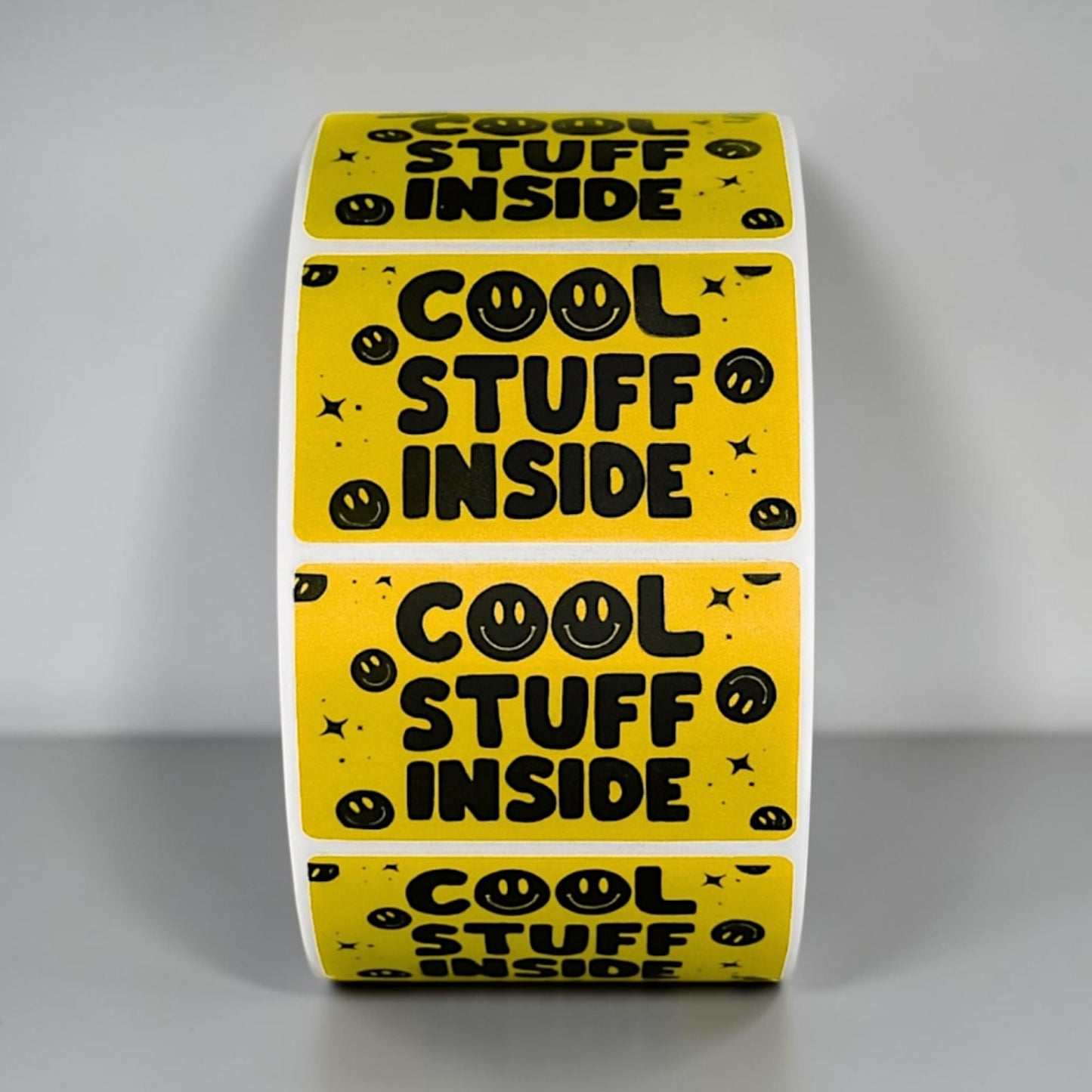 Cool Stuff Inside Sticker Roll | Yellow Smiley Face Design for Online Sellers