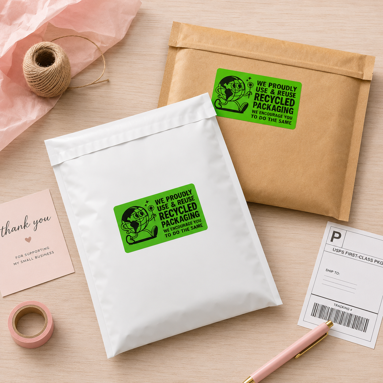 Recycled Packaging Sticker Roll | Eco-Friendly Green Design for Online Sellers