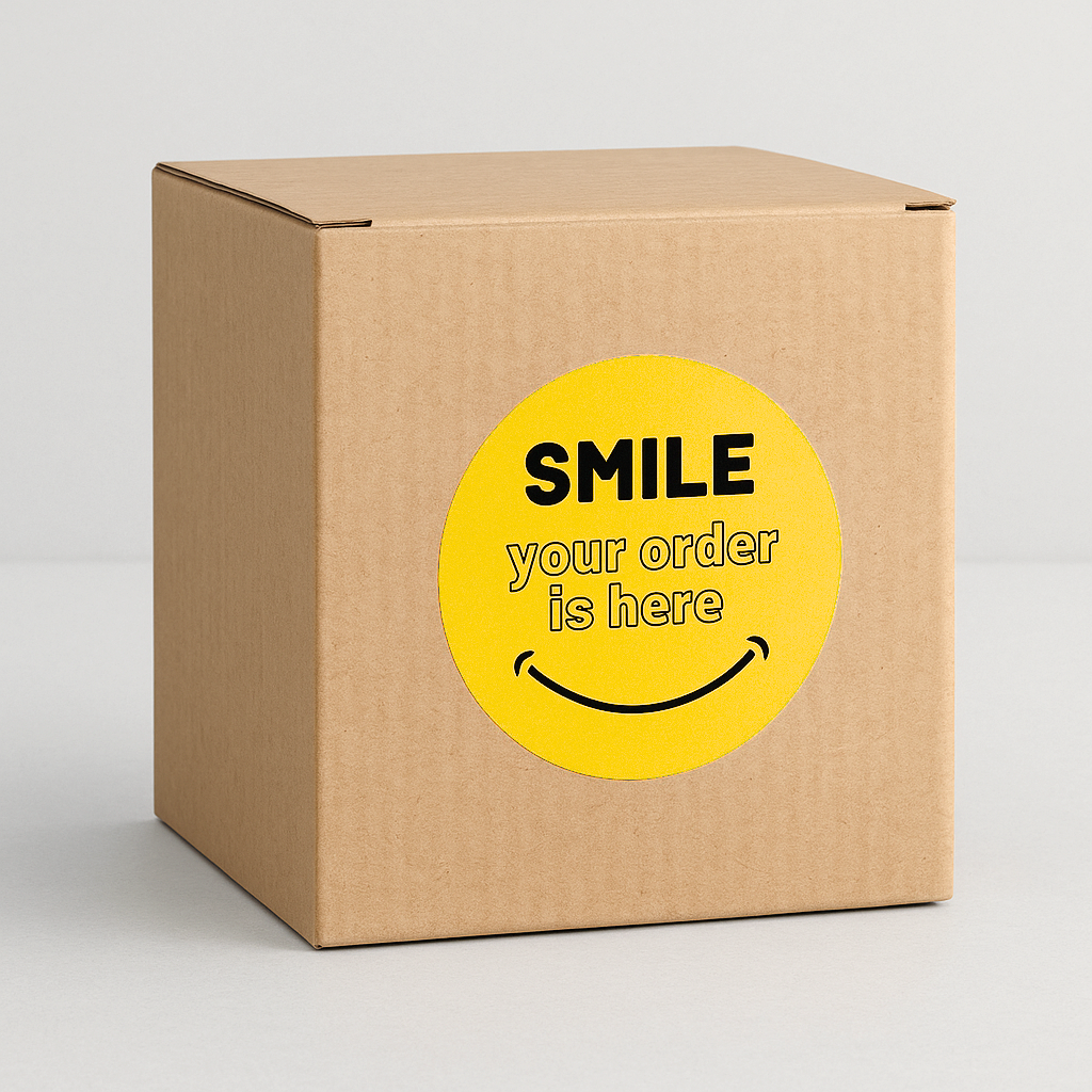 Yellow Smile Your Order Is Here sticker on kraft box lifestyle shot