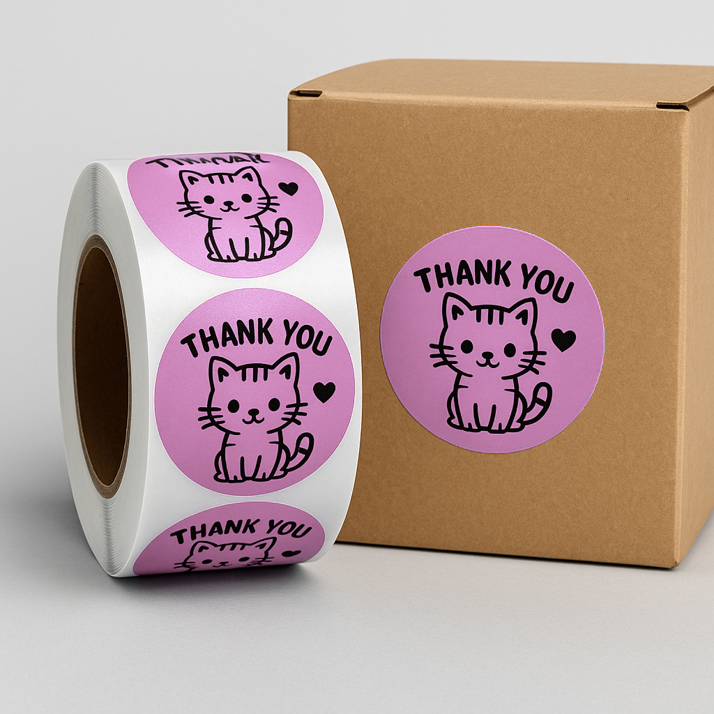 Pink Thank You cat round sticker roll 1.1 inch next to kraft box