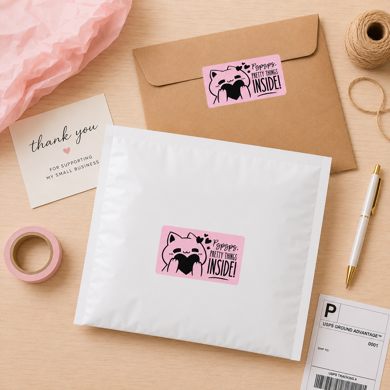Pspsps Pretty Things Inside Sticker Roll | Pink Kawaii Cat Design for Online Sellers