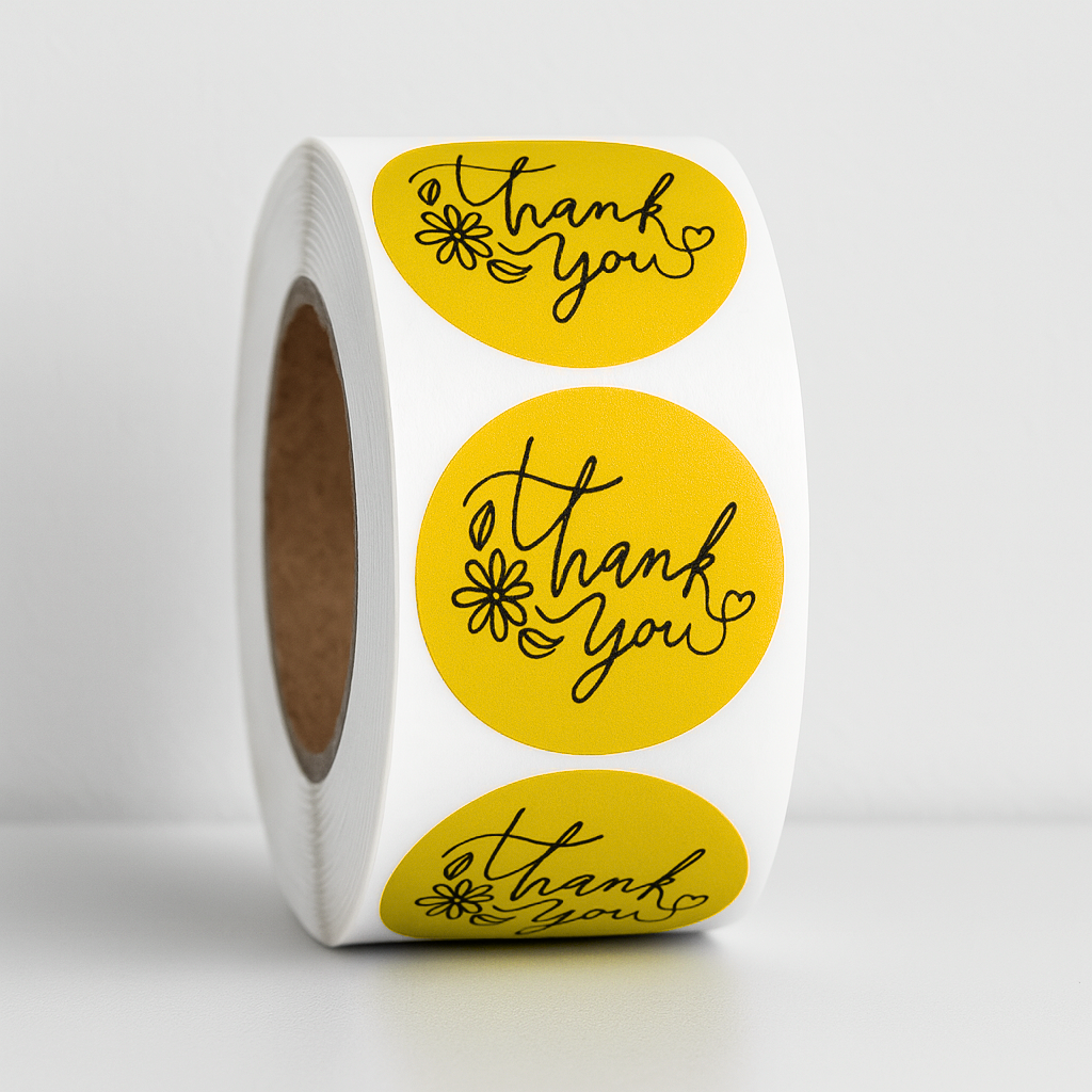 Yellow Thank You floral round sticker roll 1.1 inch on white background