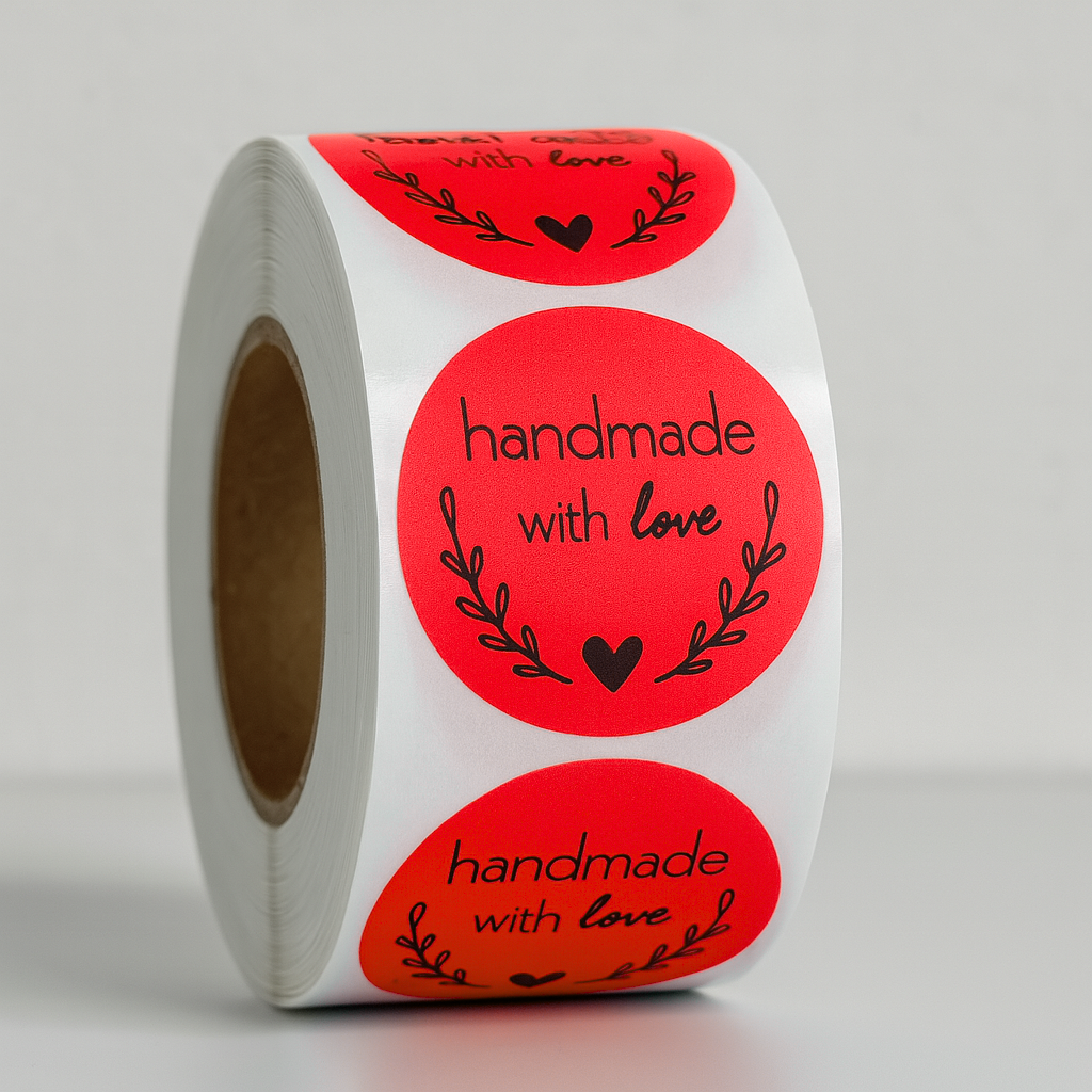 Pink Handmade with Love round sticker roll 1.5 inch