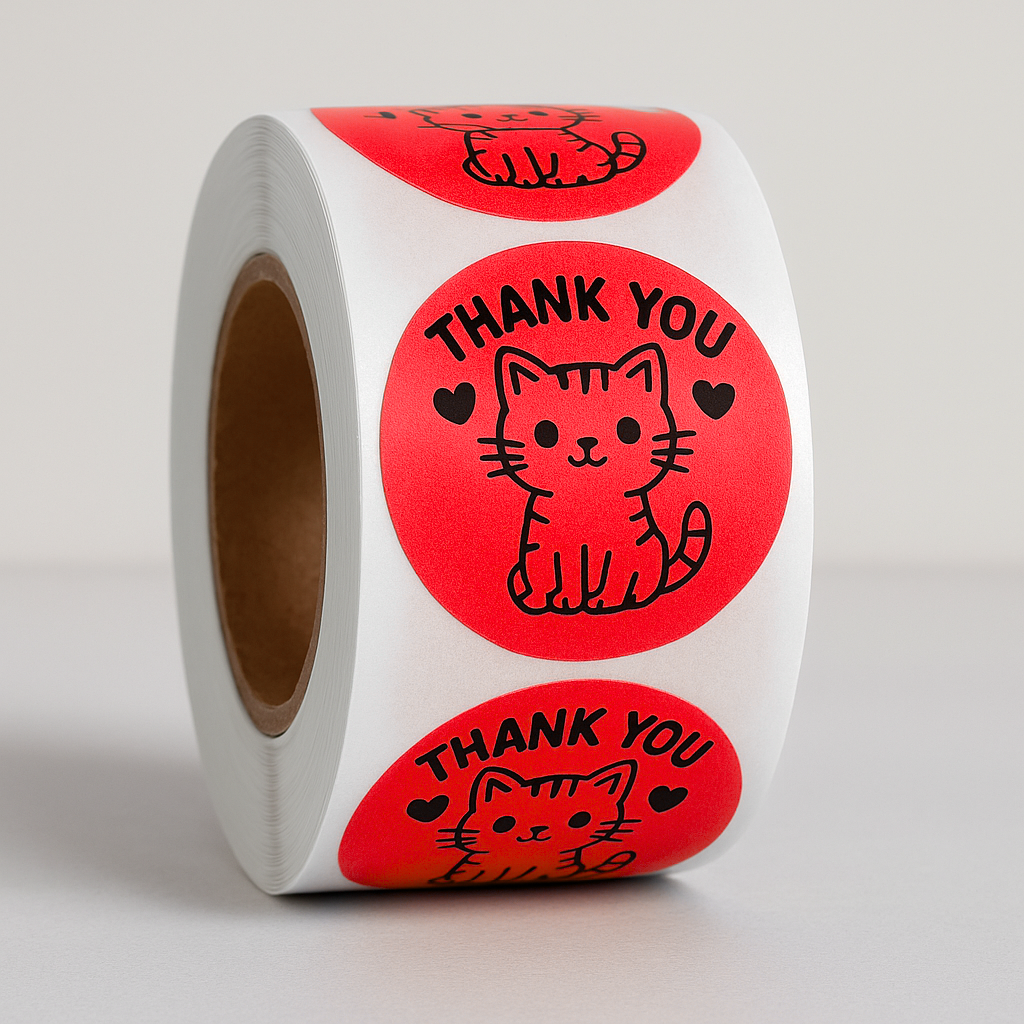 Thank You Cat Round Sticker Roll 1.1 Inch | 500 Pink Cat Labels
