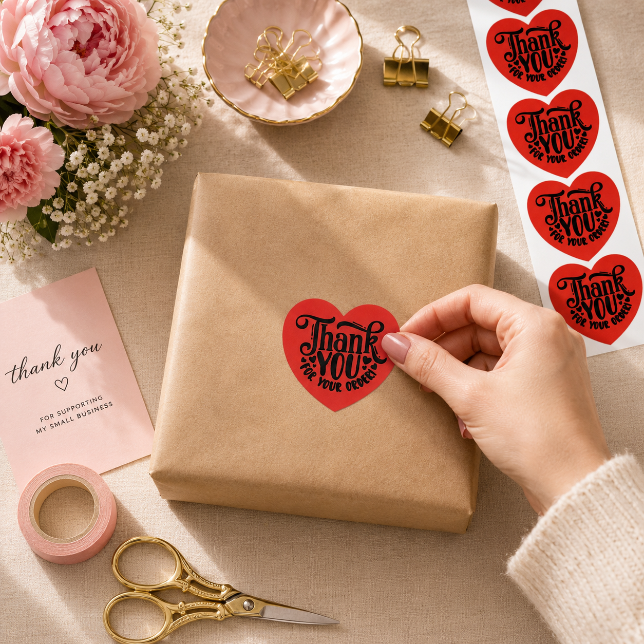 Thank You sticker being applied to kraft paper gift box