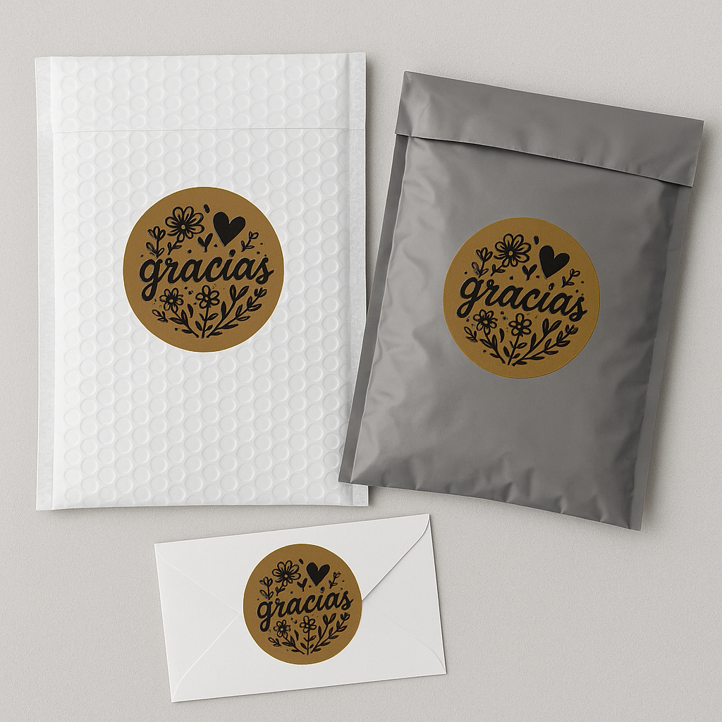 Gracias sticker roll lifestyle shot with packaging
