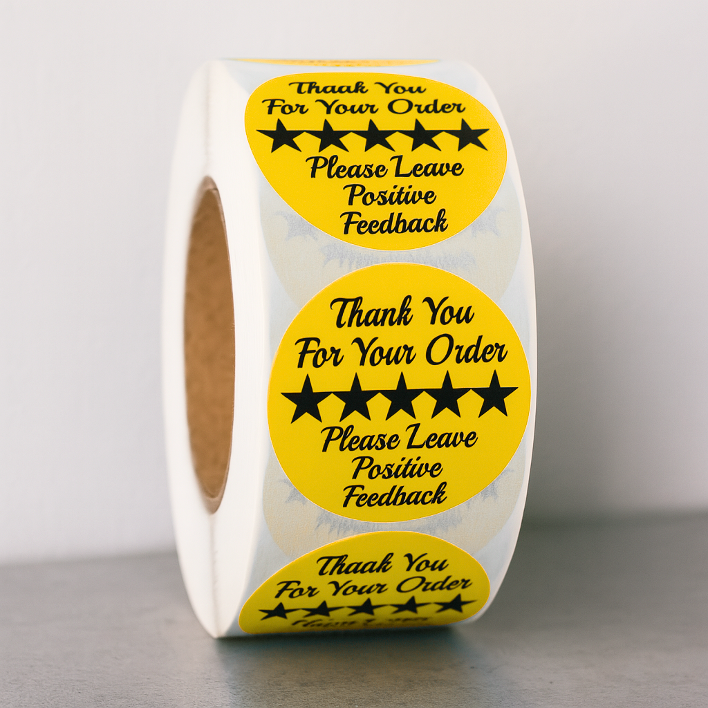 Yellow Thank You For Your Order 5-star review round sticker roll 1.5 inch