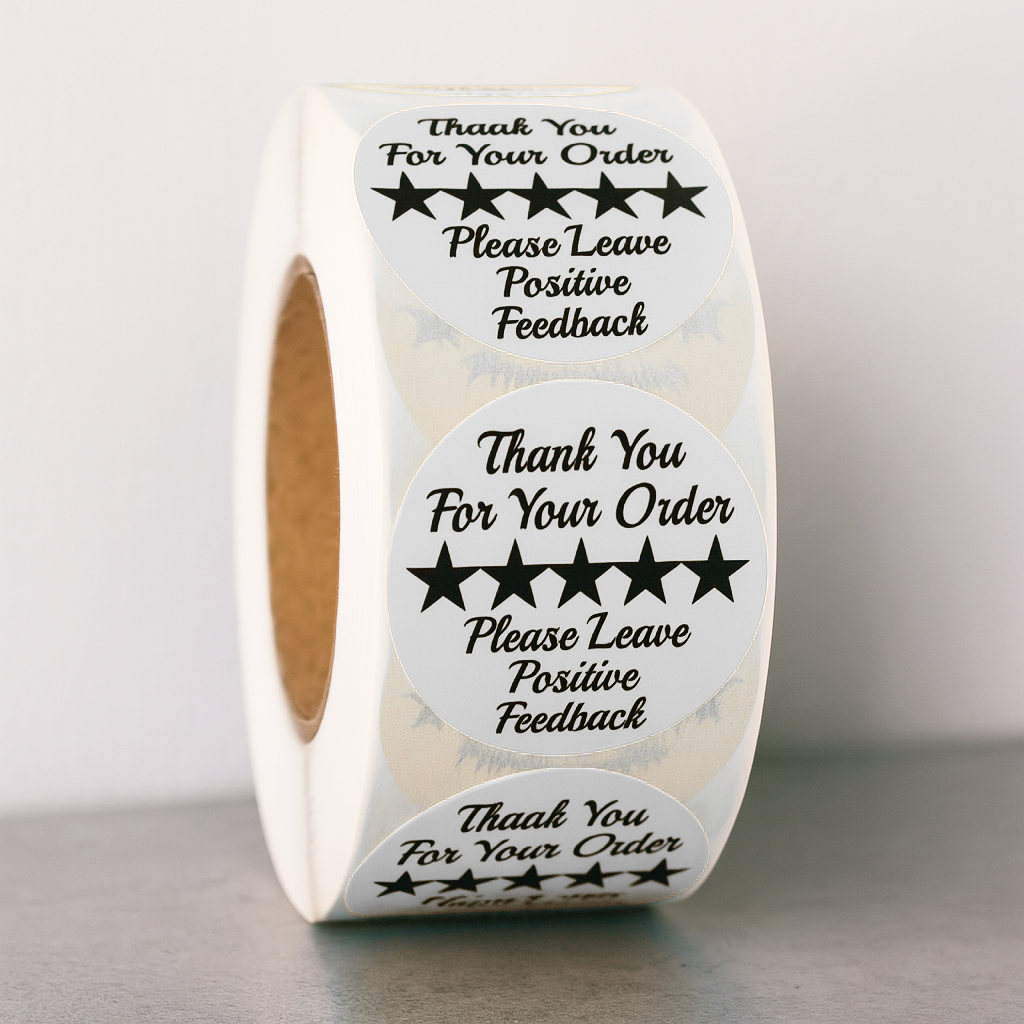 White Thank You For Your Order 5-star review round sticker roll 1.5 inch