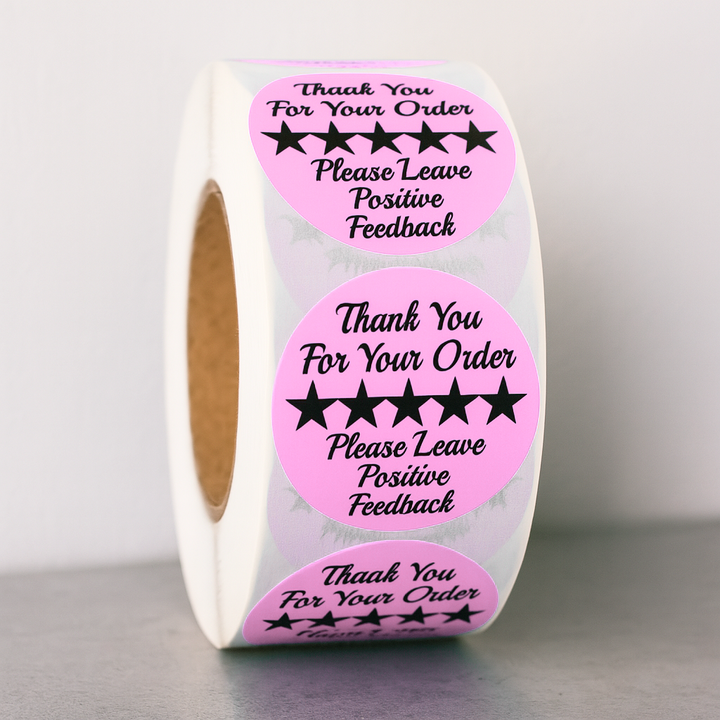 Pink Thank You For Your Order 5-star review round sticker roll 1.5 inch