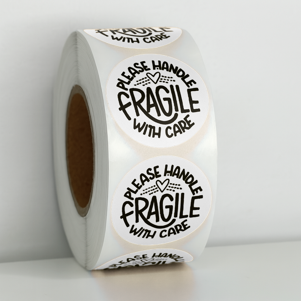 White Please Handle Fragile With Care round sticker roll 1.10 inch