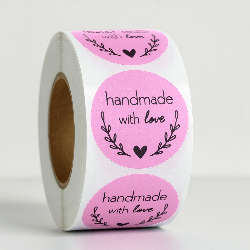 Yellow Handmade with Love round sticker roll 1.5 inch