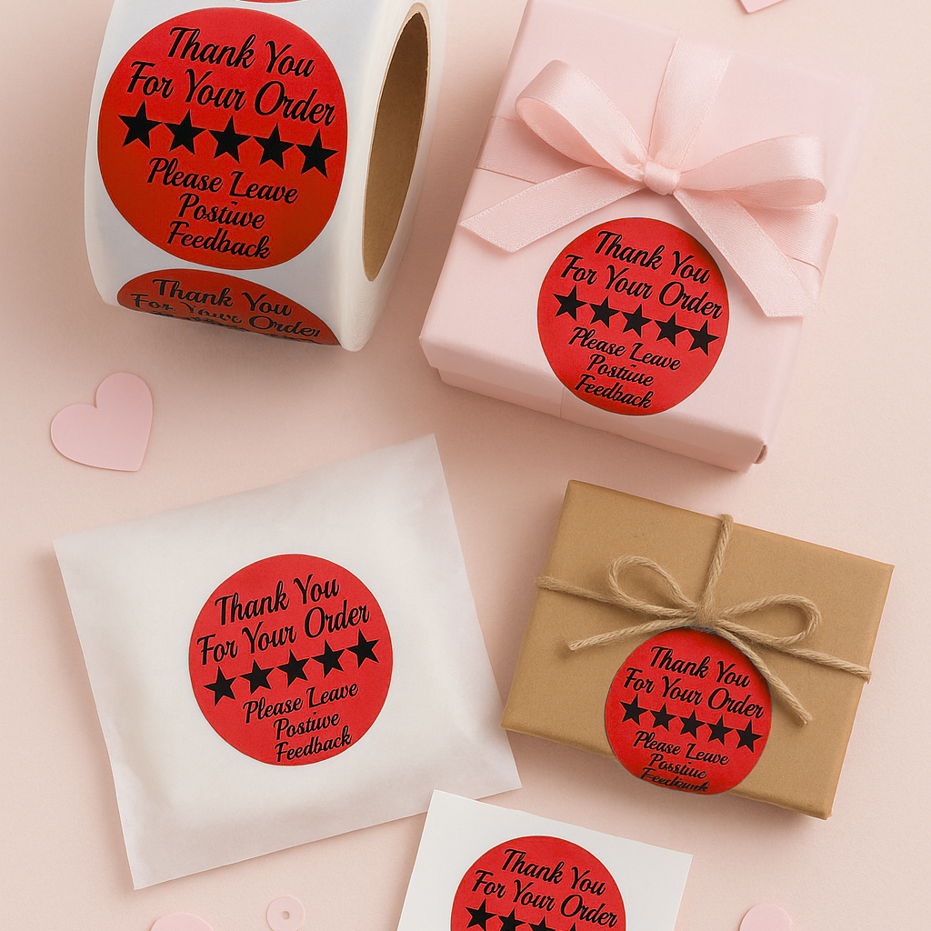 Red Thank You For Your Order 5-star review round sticker roll lifestyle shot