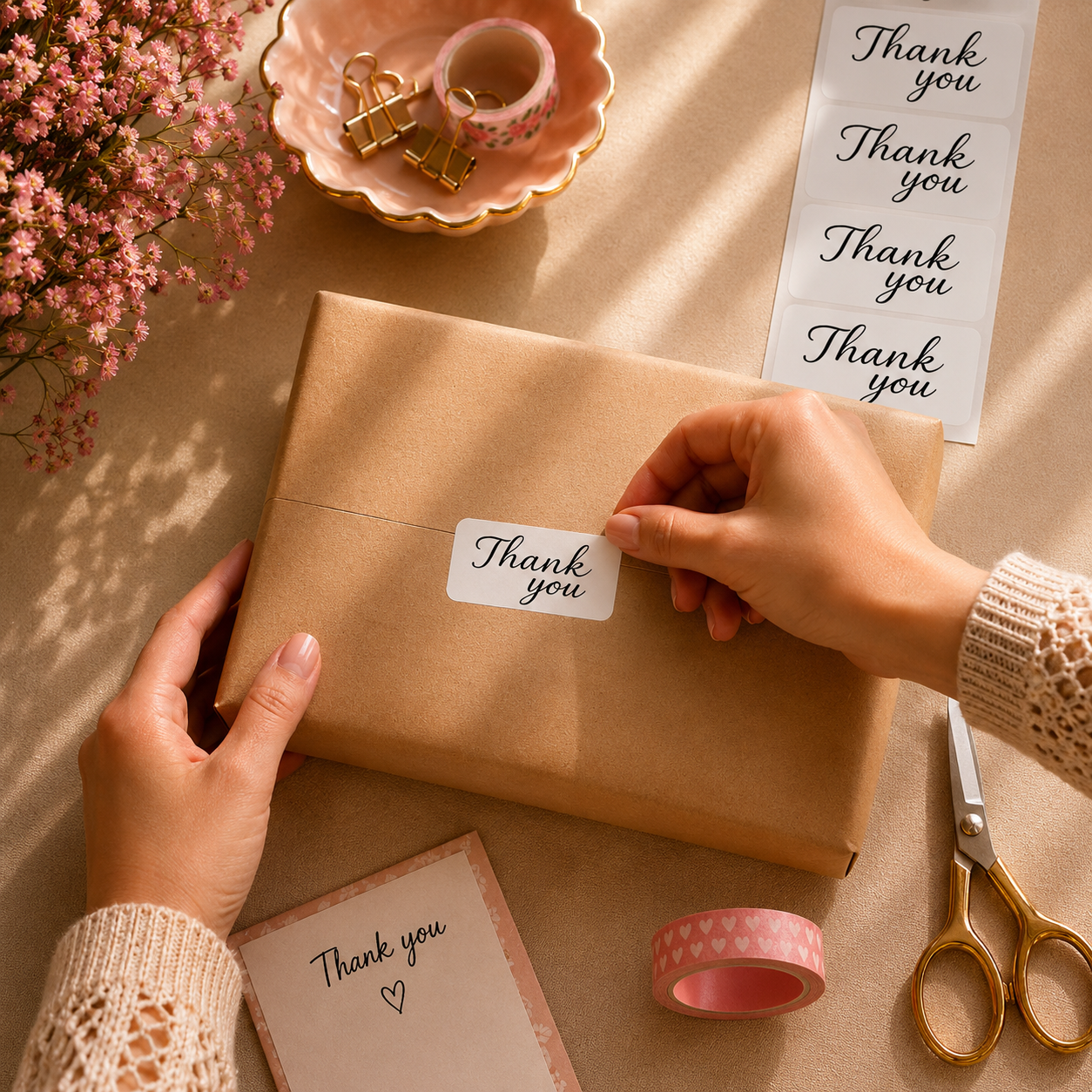 Thank You Sticker Roll | White Minimalist Script Design for Online Sellers