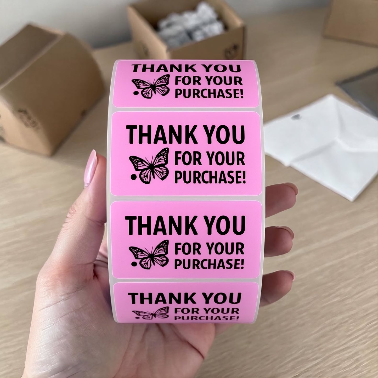 "Thank You for Your Purchase!" Sticker Roll – Pink Butterfly Design