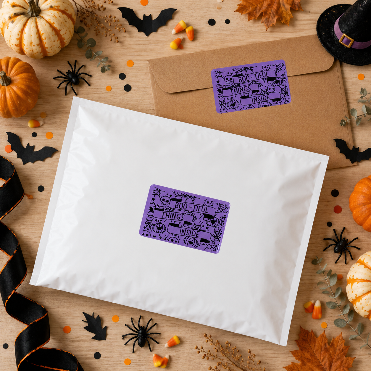 Boo-tiful Things Inside Sticker Roll | Purple Halloween Design for Online Sellers