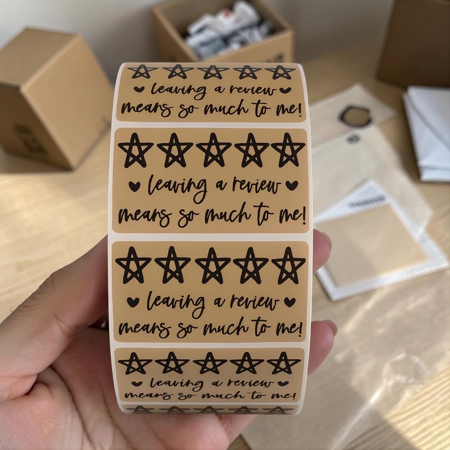 "Leaving a Review Means So Much to Me!" Sticker Roll – Bold Yellow & Black Star Design for Sellers