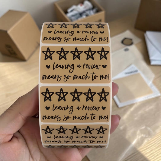 "Leaving a Review Means So Much to Me!" Sticker Roll – Bold Yellow & Black Star Design for Sellers
