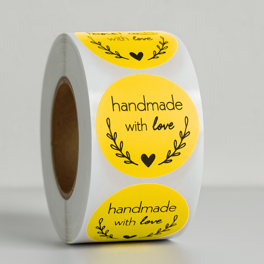 Red Handmade with Love round sticker roll 1.5 inch