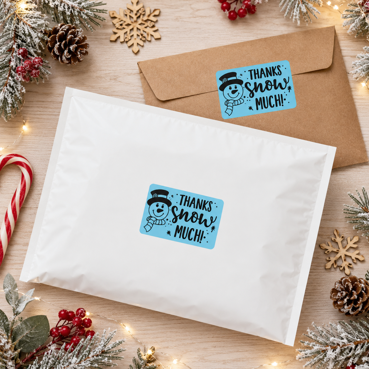 Thanks Snow Much blue snowman sticker roll on white background