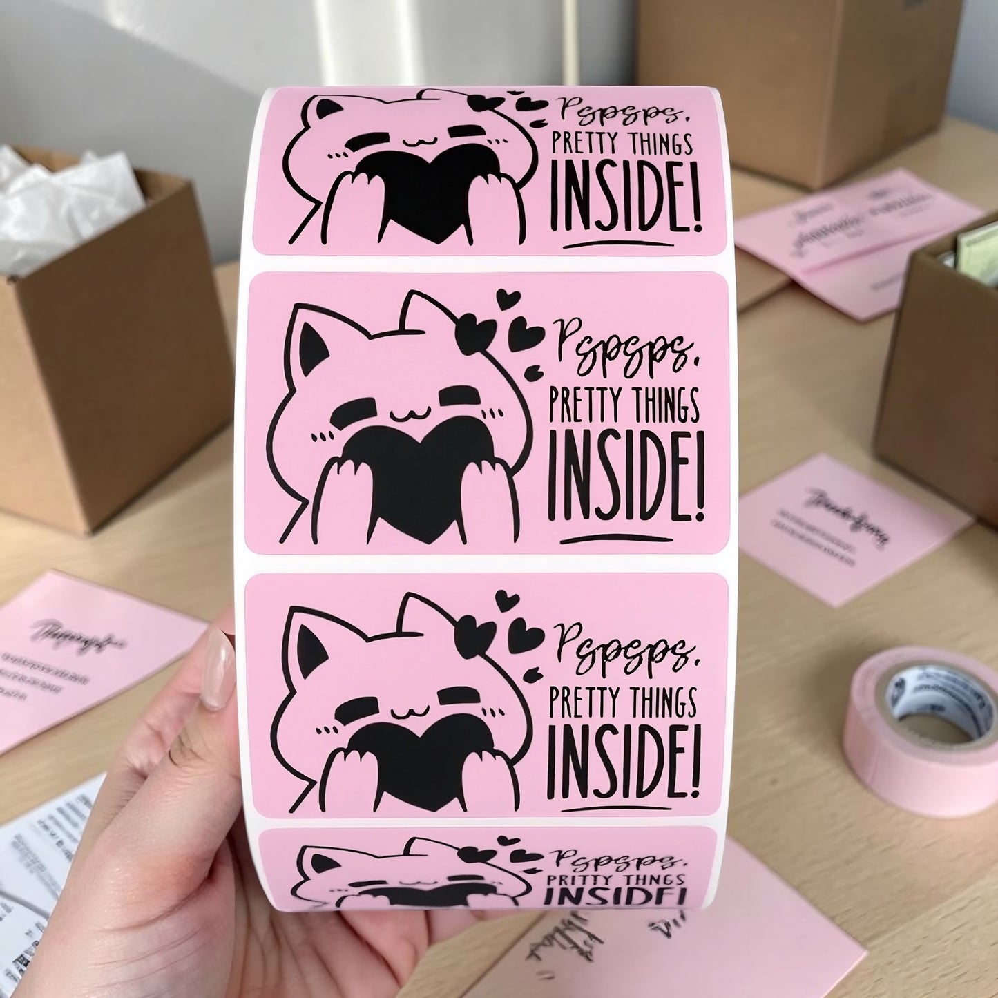 Pspsps Pretty Things Inside Sticker Roll | Pink Kawaii Cat Design for Online Sellers