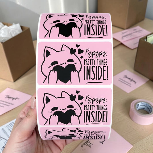 Pspsps Pretty Things Inside Sticker Roll | Pink Kawaii Cat Design for Online Sellers