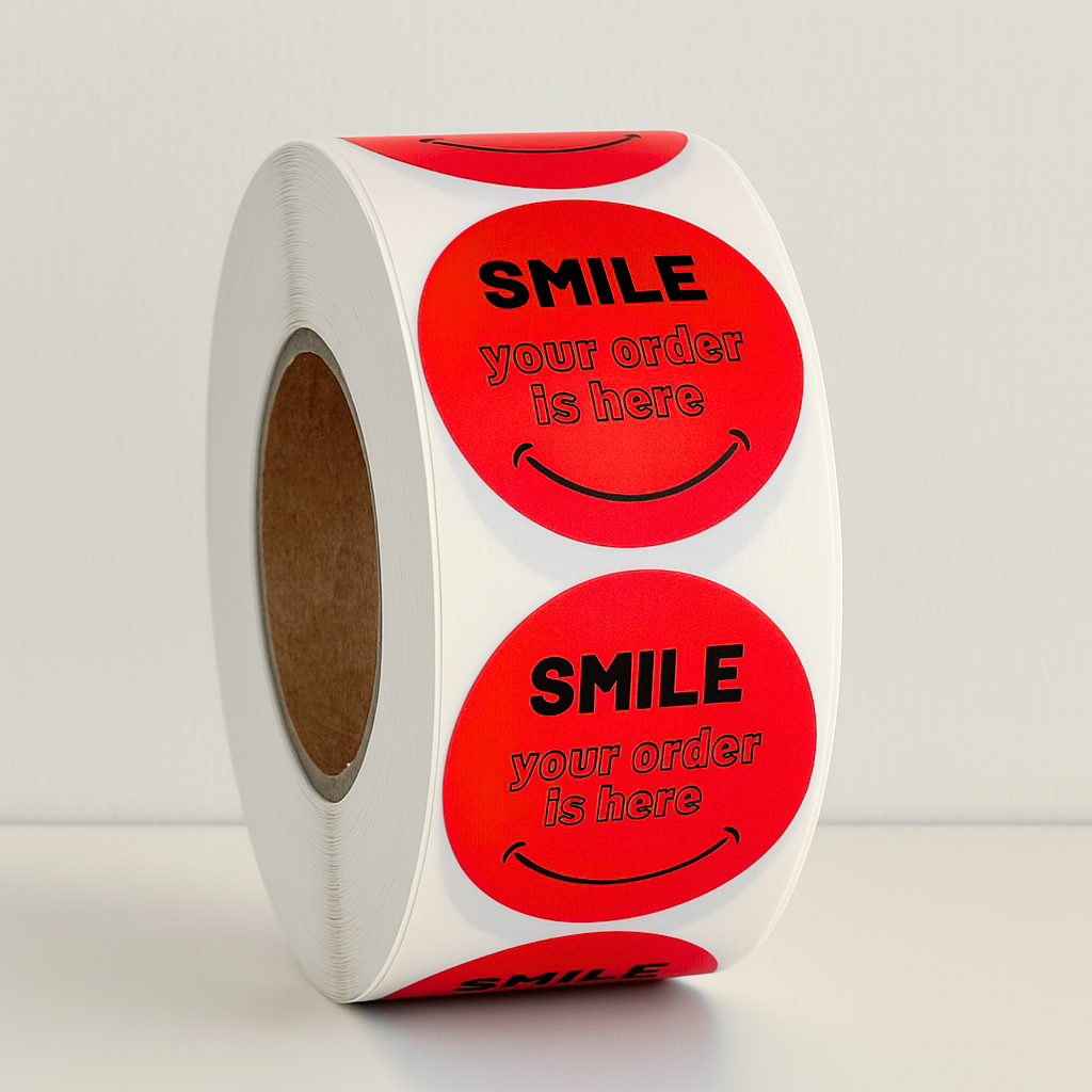 Red Smile Your Order Is Here round sticker roll 1.10 inch