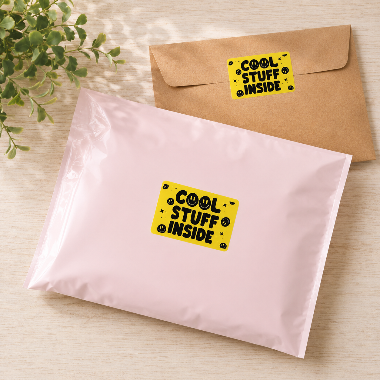 Cool Stuff Inside Sticker Roll | Yellow Smiley Face Design for Online Sellers