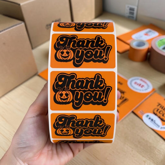Halloween Thank You Sticker Roll – Pumpkin Design | 100–500 Stickers