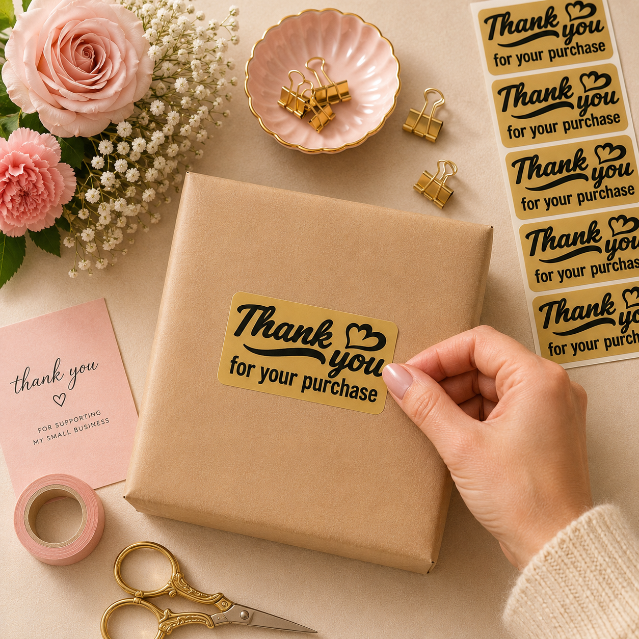 Thank You for Your Purchase Sticker Roll | Brown Kraft Design for Online Sellers