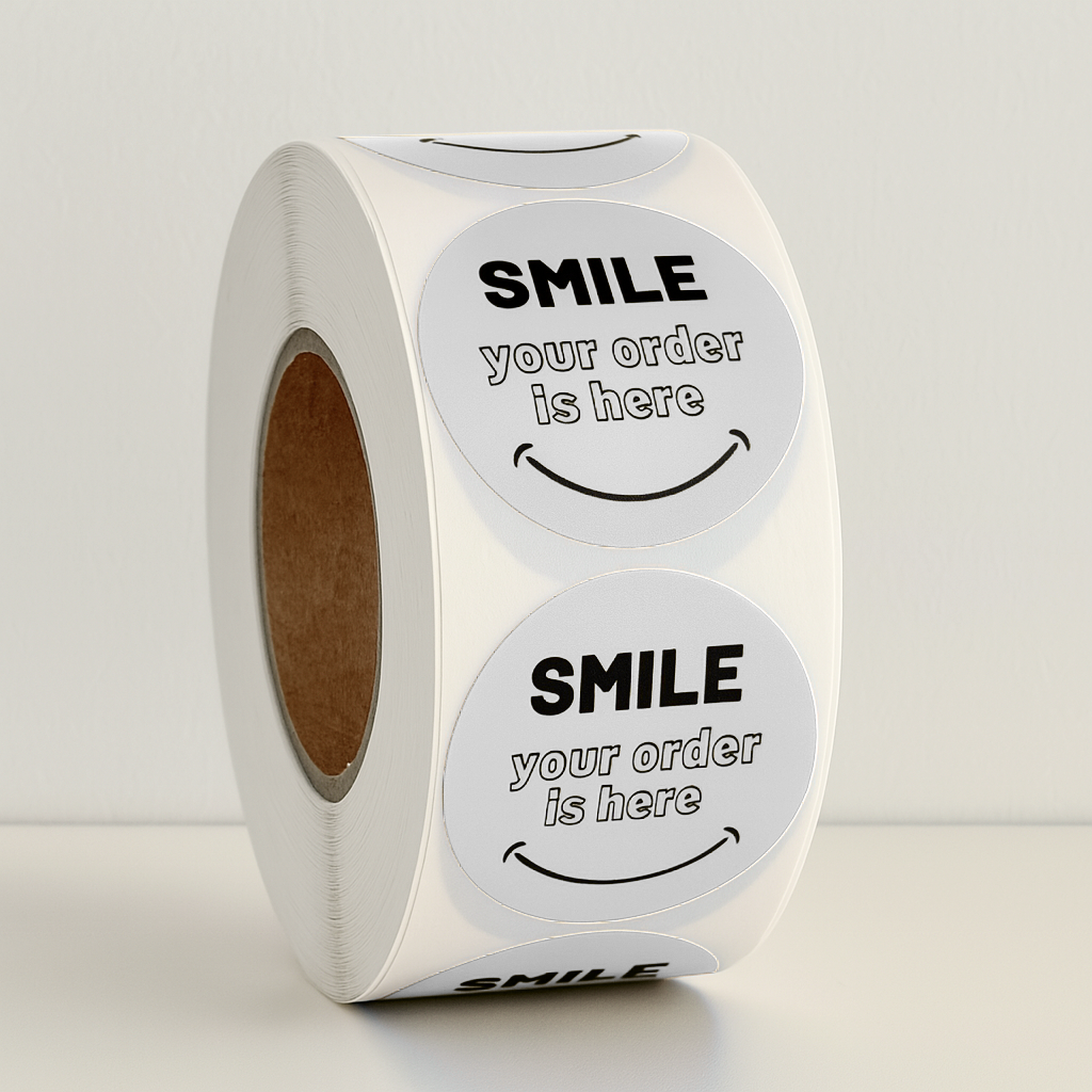 White Smile Your Order Is Here round sticker roll 1.10 inch