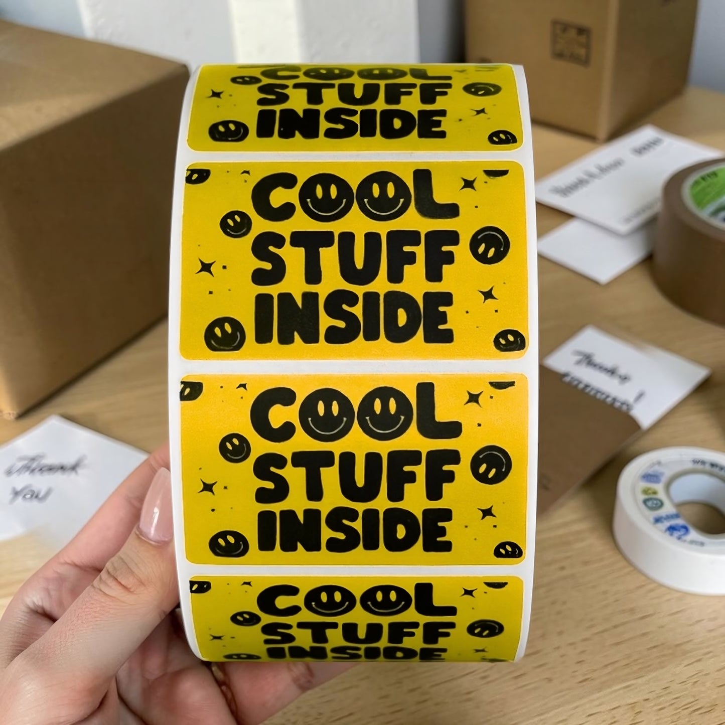 Cool Stuff Inside Sticker Roll | Yellow Smiley Face Design for Online Sellers