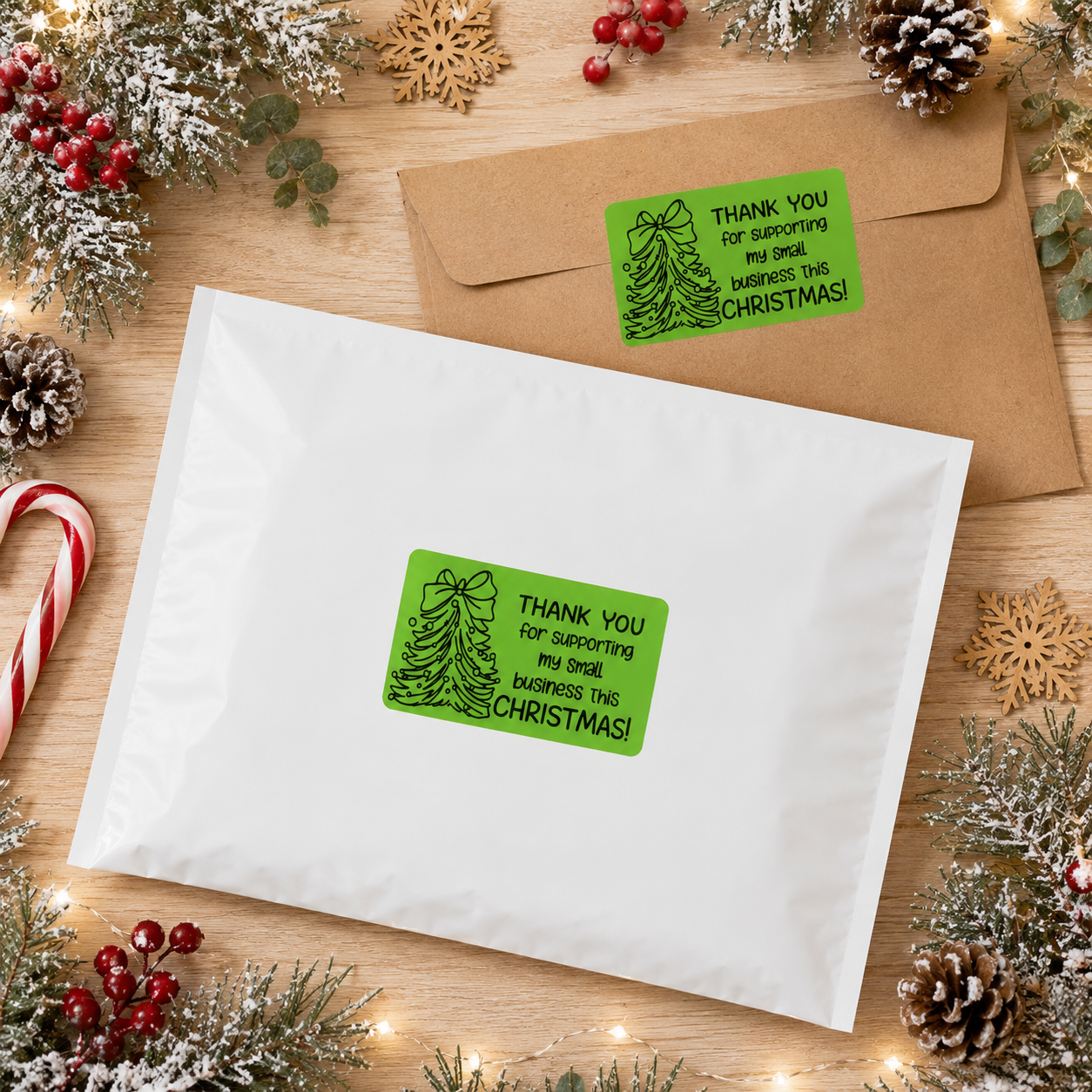 Thank You for Supporting My Small Business This Christmas green sticker roll on white background