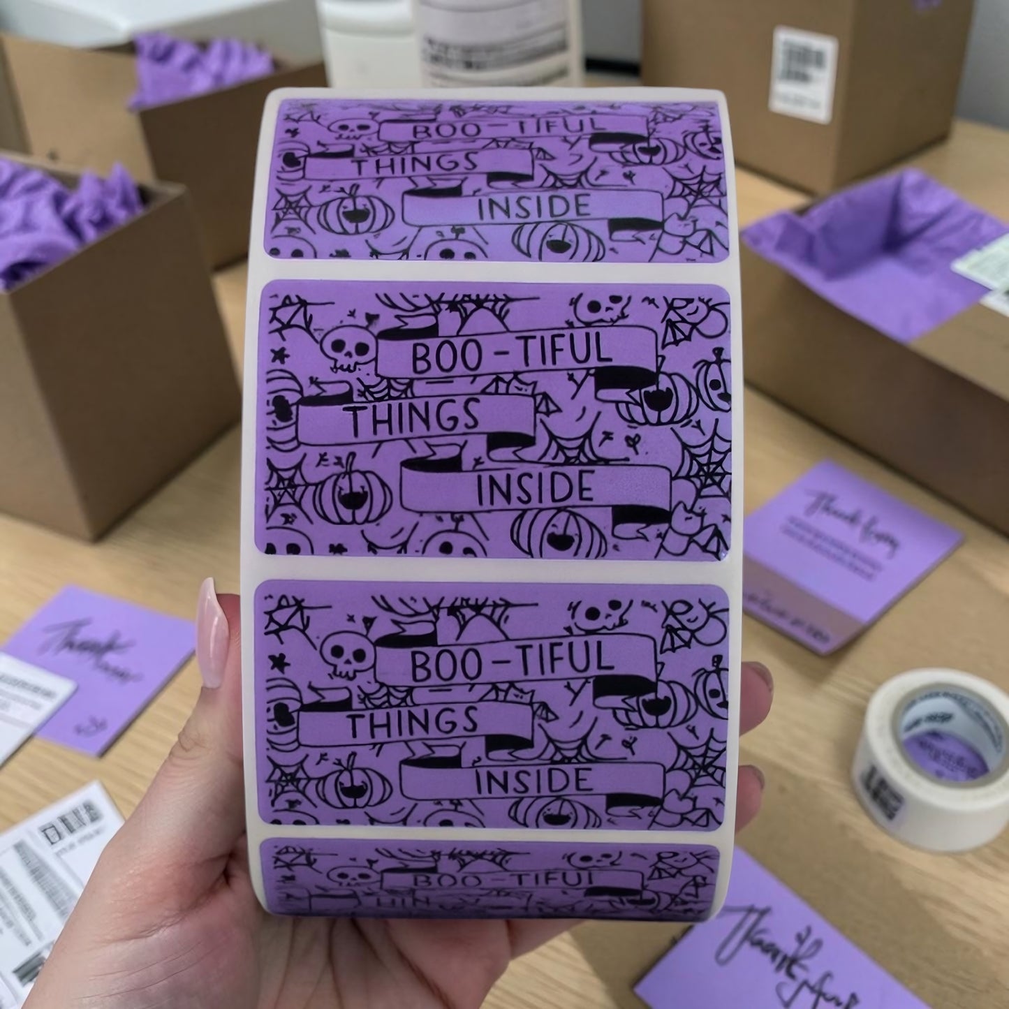 Boo-tiful Things Inside Sticker Roll | Purple Halloween Design for Online Sellers