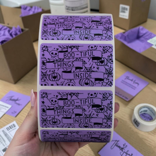 Boo-tiful Things Inside Sticker Roll | Purple Halloween Design for Online Sellers