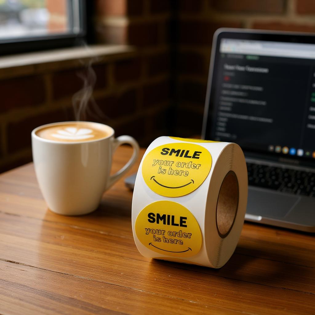 Yellow Smile Your Order Is Here sticker roll on wooden table with coffee lifestyle shot