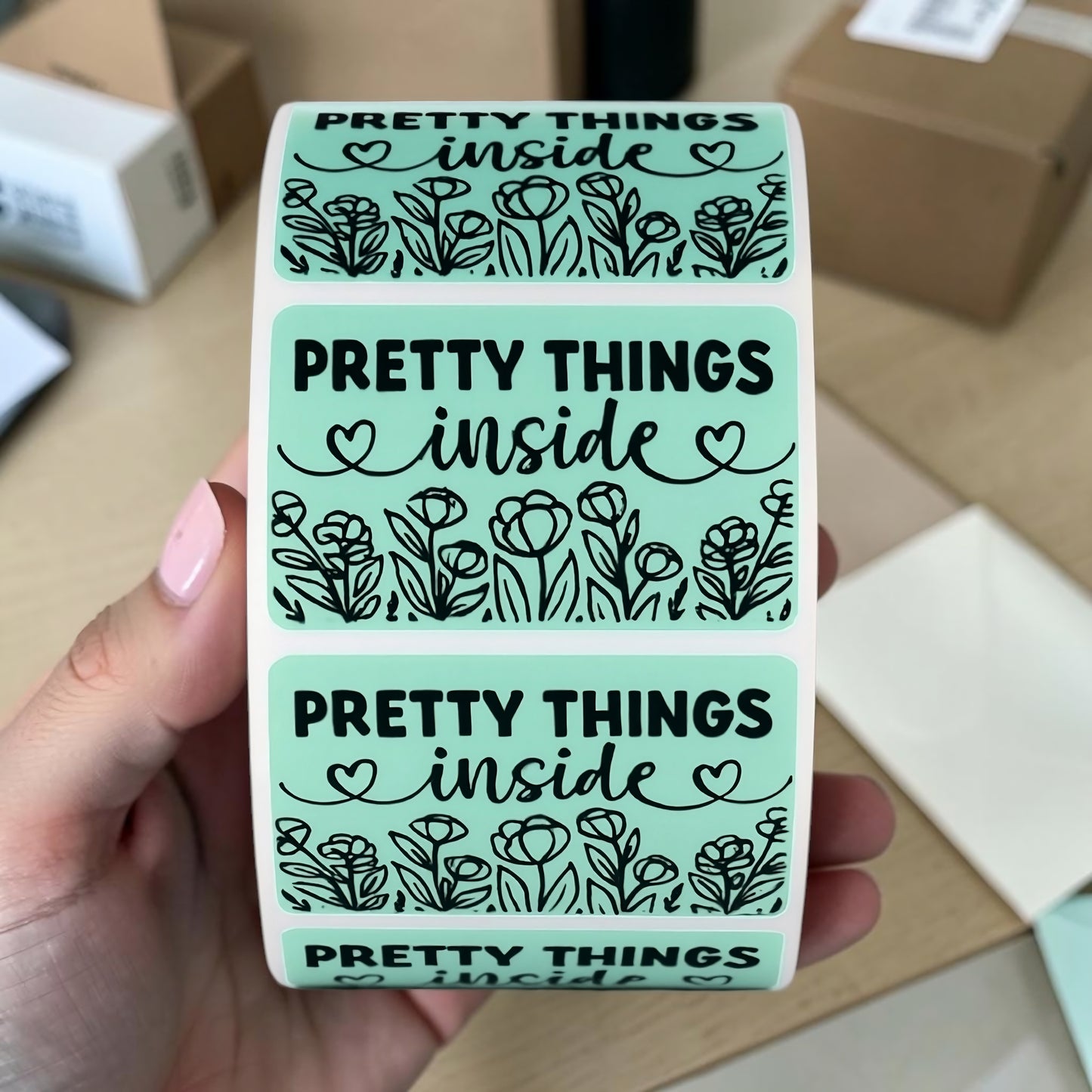 Pretty Things Inside Sticker Roll | Mint Green Floral Design for Online Sellers