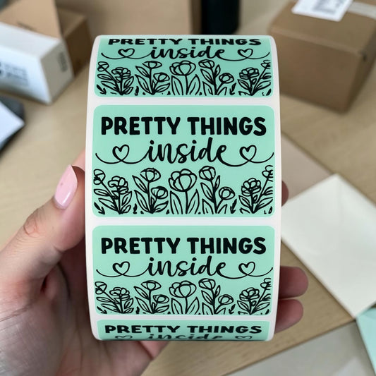 Pretty Things Inside Sticker Roll | Mint Green Floral Design for Online Sellers