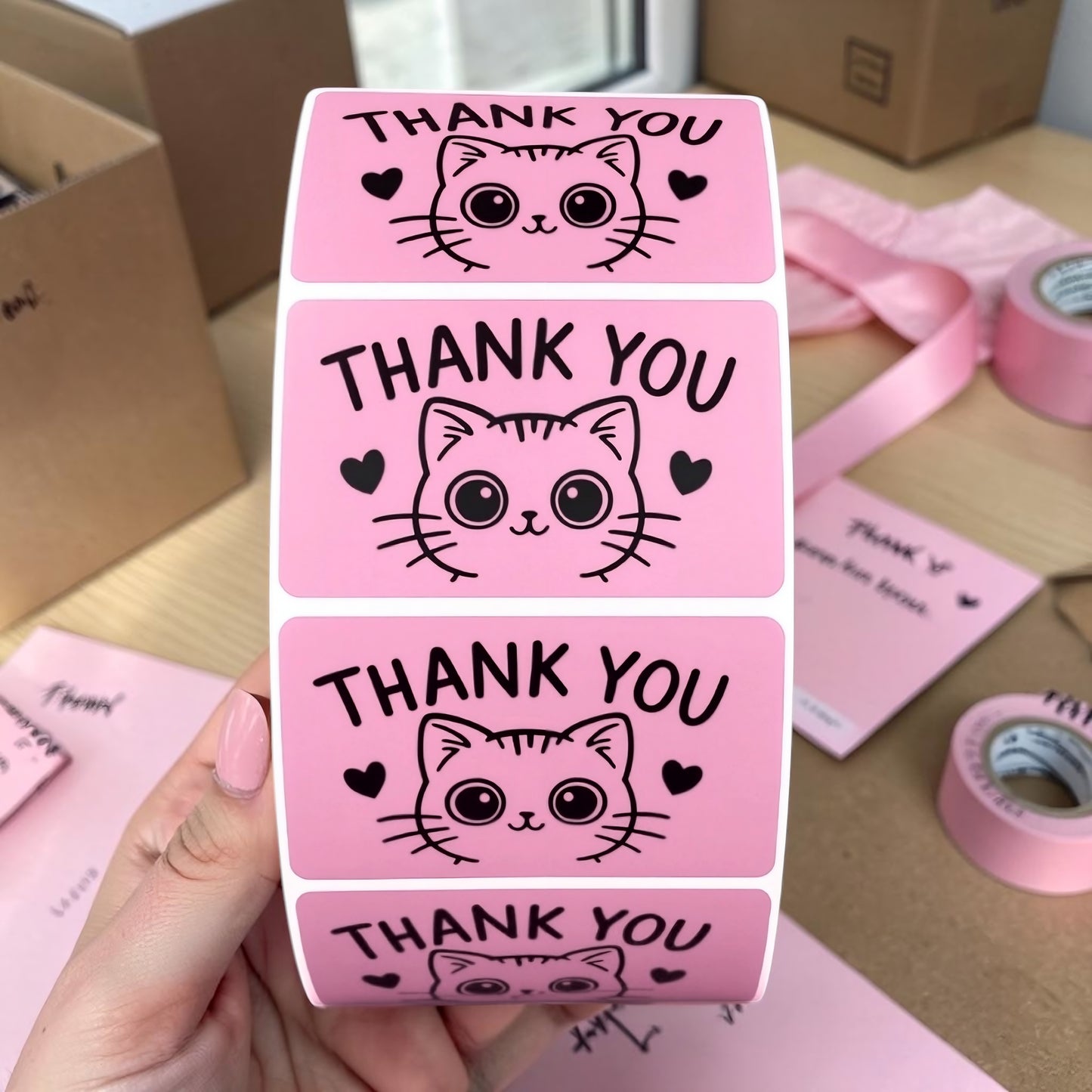 Thank You Sticker Roll | Pink Cat Design for Online Sellers