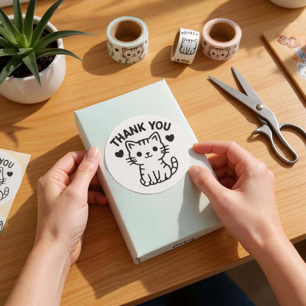 Thank You Cat Round Sticker Roll 1.1 Inch | 500 Pink Cat Labels