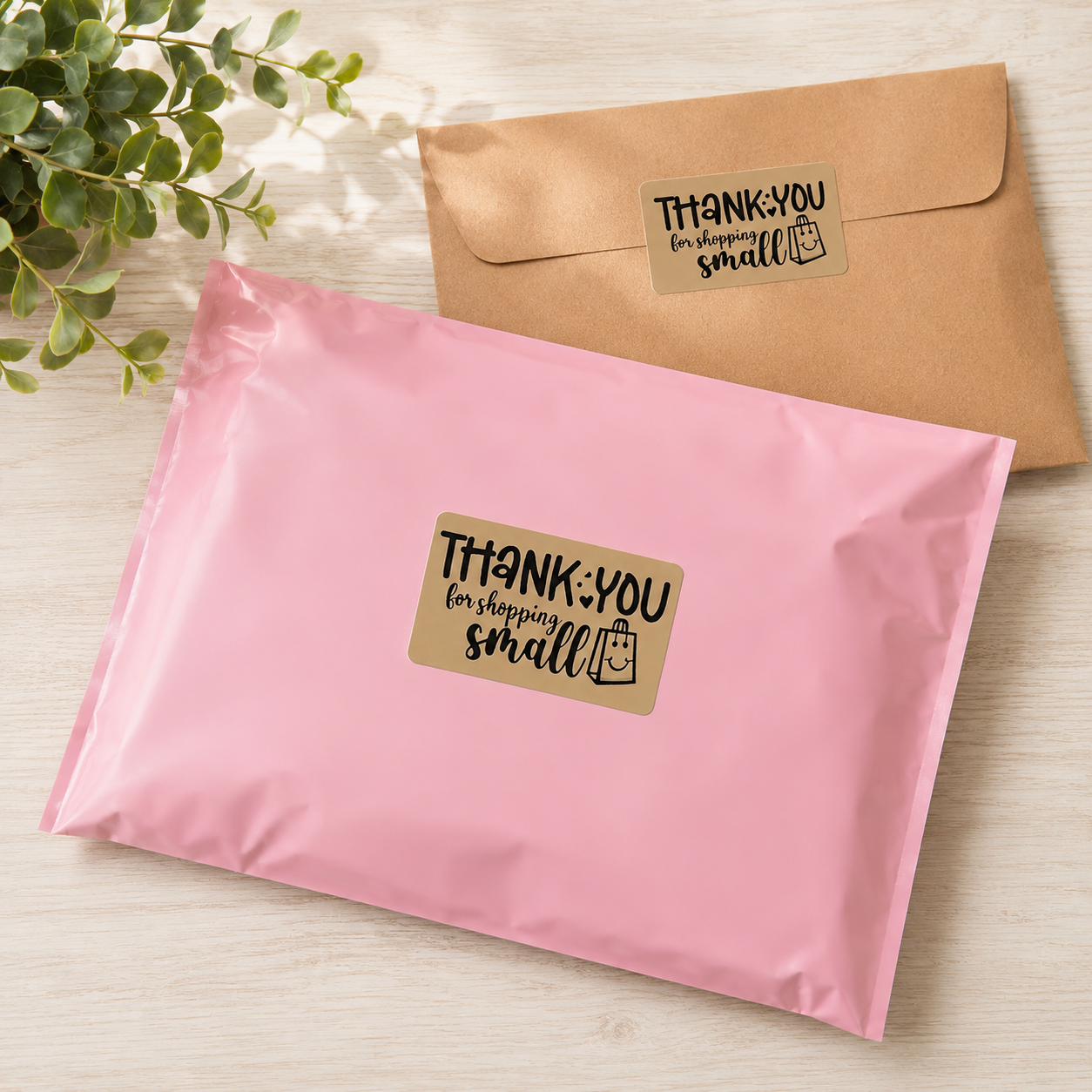 Thank You for Shopping Small kraft sticker applied to pink poly mailer and kraft envelope