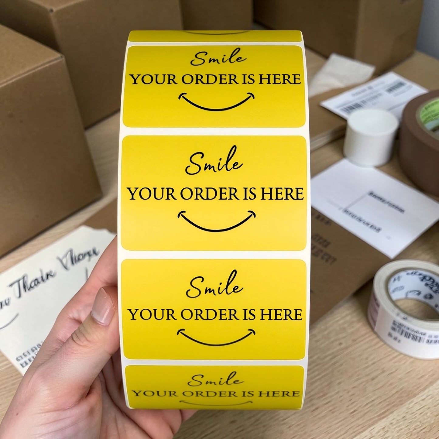 Smile Your Order Is Here Sticker Roll | Yellow Design for Online Sellers