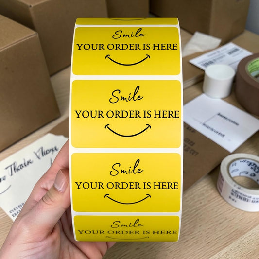 Smile Your Order Is Here Sticker Roll | Yellow Design for Online Sellers