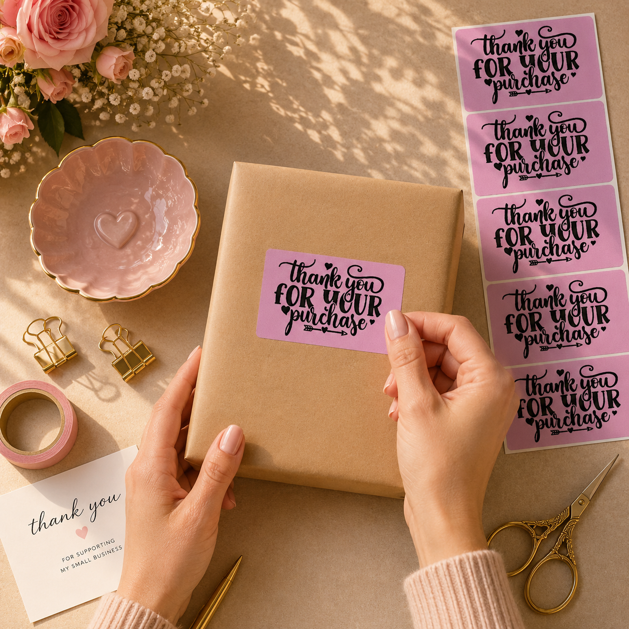 Thank You for Your Purchase Sticker Roll | Pink Cursive Script Design for Online Sellers