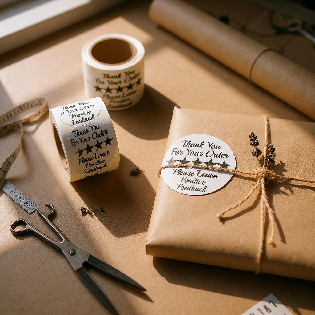 Thank You For Your Order sticker roll on kraft wrapped package lifestyle shot