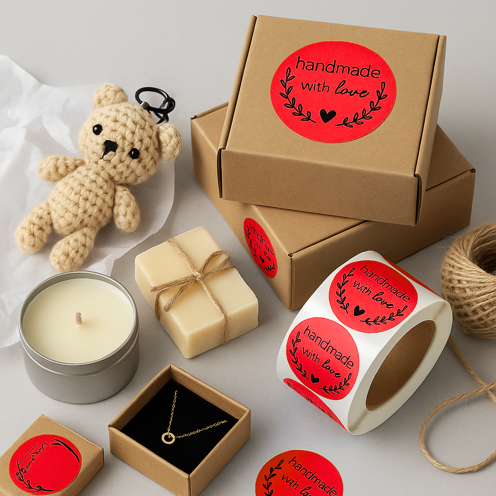 Handmade with Love red sticker roll lifestyle shot with packaging